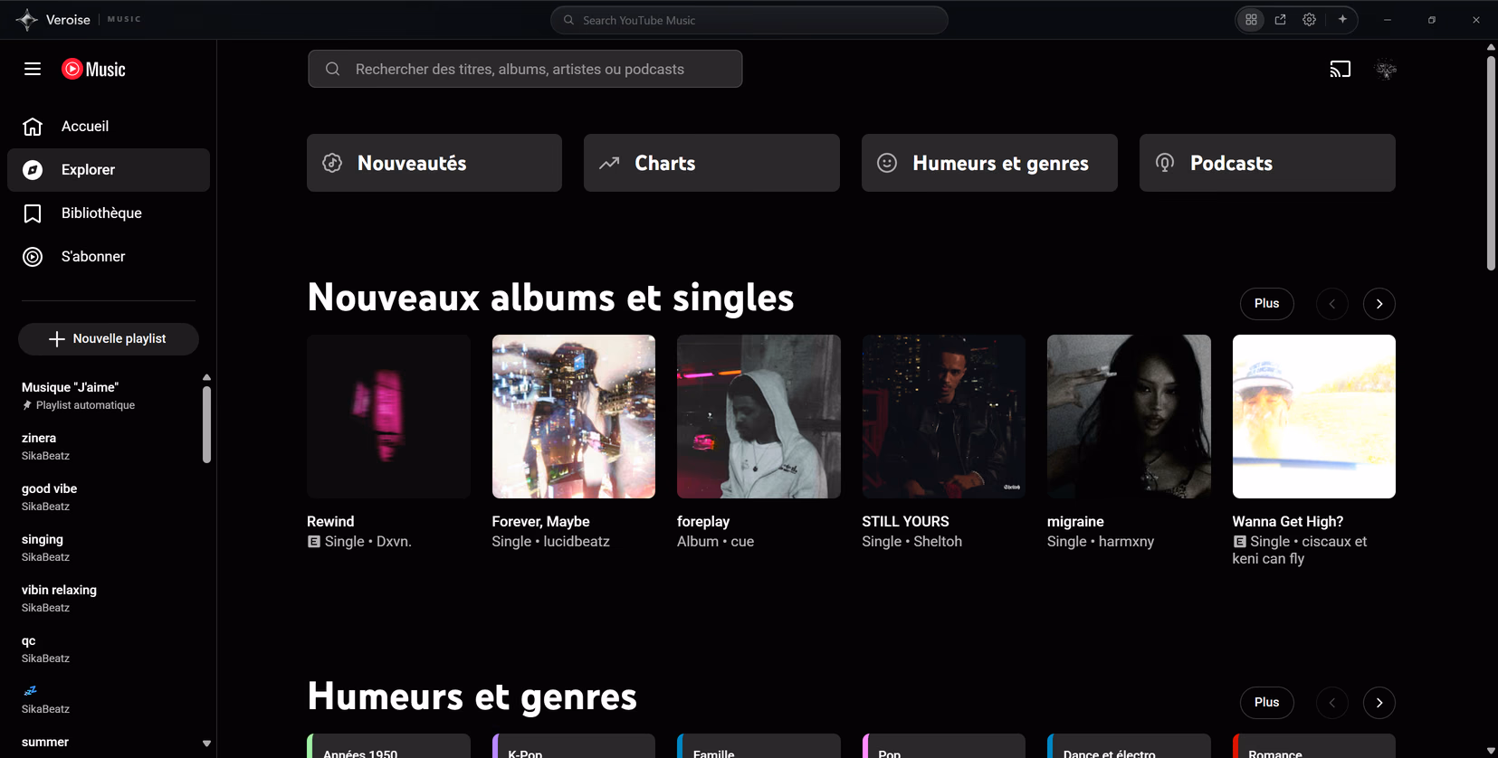 Le site YouTube Music ouvert dans Veroise